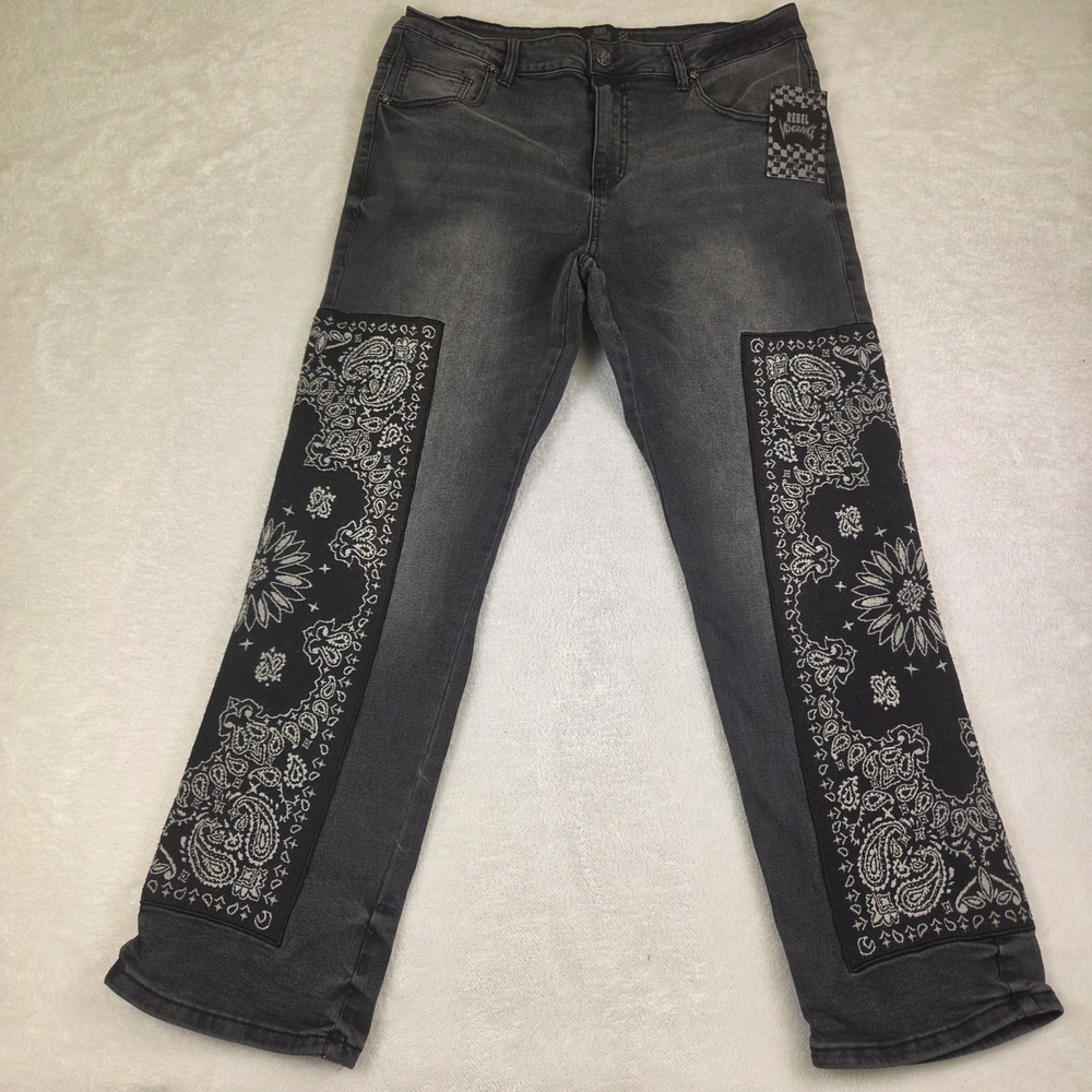 Rebel Vengeance Mens Black Paisley Bandana Patch Straight Leg Jeans Size 36